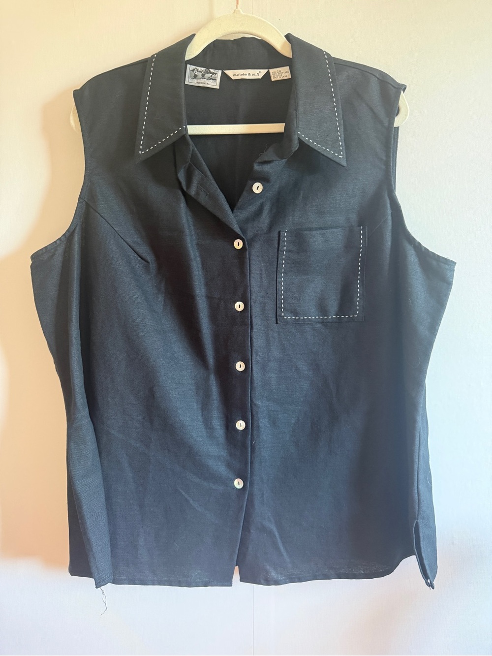Malcolm & Co Irish Linen Sleeveless Blouse Black Button Front 2X Plus